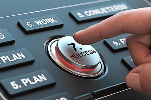 Closeup of a finger pressing a Success button on a control panel with other labeled buttons in a futuristic setting symbolizing achievement and the culmination of planning and hard work photo