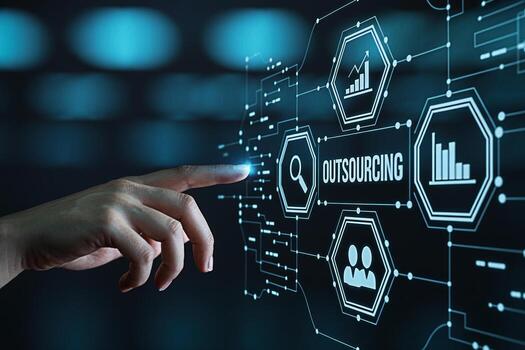 Human hand interacting with a digital interface displaying outsourcing data analytics and team management icons in a futuristic hightech environment symbolizing innovation and business solutions photo