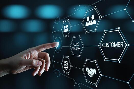 Human hand interacting with a digital interface in a futuristic setting activating core values customer focus teamwork and business goals representing innovation and connectivity in modern technology photo