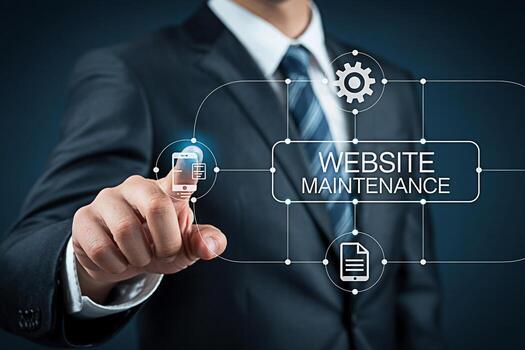 Professional businessman in a suit touching a digital interface displaying Website Maintenance and related icons symbolizing technology service and the importance of website upkeep in a modern busines photo
