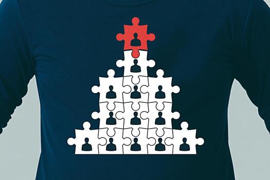 Person wearing a blue longsleeved shirt displaying a pyramid of puzzle pieces with a red piece at the apex symbolizing leadership and teamwork in a collaborative and hierarchical environment photo