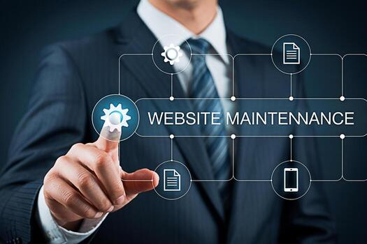 Professional businessman in a suit touching a digital interface with website maintenance options emphasizing the importance of regular updates and technical support for a successful online presence an photo
