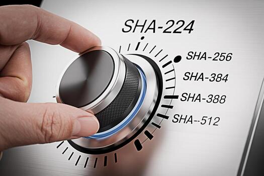 Human hand adjusting a sophisticated metallic knob on a brushed metal surface selecting between SHA224 SHA256 SHA384 SHA388 and SHA512 encryption levels representing security and control photo