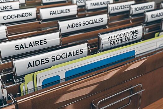 Closeup of organized file folders in a cabinet displaying labels like Salaires Aides Sociales and Allocations Familiales representing structured data management and administrative efficiency in an off photo