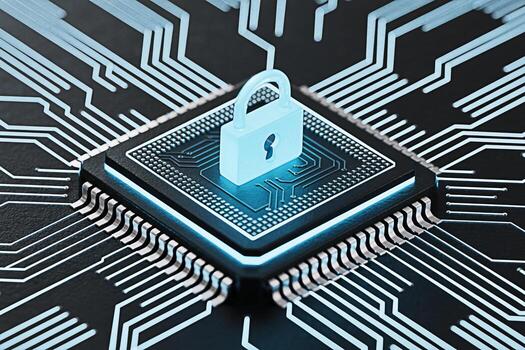 Glowing padlock securing a modern computer chip on a circuit board symbolizing cybersecurity and data protection in a digital environment conveying trust and technological safety photo