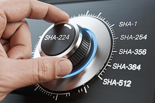 Hand turning a security dial to SHA224 on a brushed metal surface representing data protection and encryption strength in a hightech secure environment symbolizing trust and digital safety photo