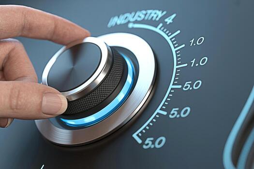 Closeup of a hand adjusting a futuristic control knob labeled Industry 40 in a hightech environment representing automation digital transformation and the fourth industrial revolution with precision a photo