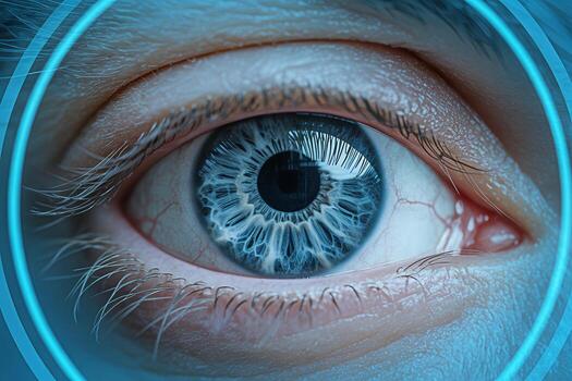 Closeup of a human eye scanning with digital technology in a futuristic environment representing biometric identification security and the concept of advanced vision and technological integration photo