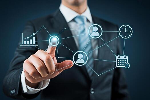 Sophisticated businessman in a dark corporate setting interacting with a digital interface displaying data analytics team management scheduling and time management icons conveying a sense of innovatio photo