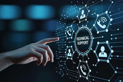 A finger touches a digital interface displaying Technical Support icons against a blurred background representing cuttingedge technology customer service solutions and a modern efficient support syste photo
