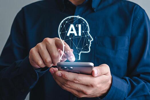 un persona interactúa con un ai interfaz en un teléfono inteligente exhibiendo el integración de artificial inteligencia en todos los días tecnología y el potencial para mejorado usuario experiencias en un digital medio ambiente foto