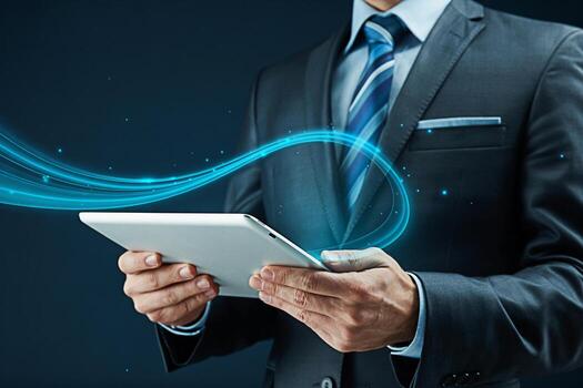 Sophisticated businessman in a suit interacting with a digital tablet surrounded by glowing data streams conveying innovation and technological advancement in a corporate setting with a focus on conne photo