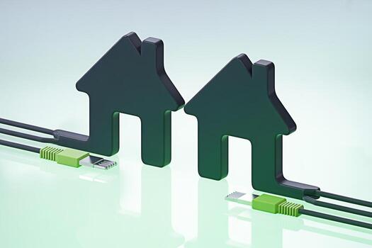 Two stylized house icons connected by ethernet cables on a reflective surface symbolizing smart home technology and highspeed internet connectivity in a modern digitally connected world conveying inno photo