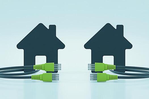 Two house icons connected by green ethernet cables on a light blue background representing home networking smart home technology and the concept of interconnected living in the digital age conveying a photo