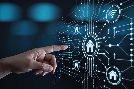 Human hand interacting with a futuristic smart home interface on a dark background showcasing connectivity and control with a modern innovative and technologically advanced concept photo