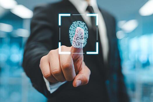Sophisticated businessman in a corporate office scans his fingerprint on a digital interface symbolizing secure access and advanced biometric technology for identity verification and data protection photo
