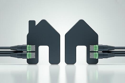 Two houseshaped objects connected by Ethernet cables on a white reflective surface symbolizing home networking smart home technology and the interconnectedness of modern living with a focus on connect photo
