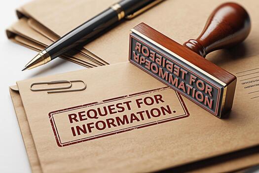 Closeup of a Request for Information stamp on a brown envelope accompanied by a pen and paperclip conveying a sense of formal inquiry and the importance of documentation in a business or legal context photo