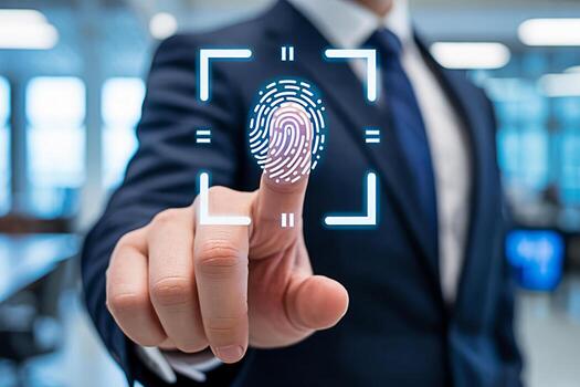Sophisticated businessman in a modern office scans his fingerprint with a digital interface symbolizing biometric security and advanced technology for secure access and personal identification photo
