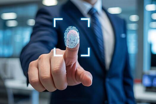 Professional businessman in a suit touching a digital fingerprint scanner in a modern office symbolizing security identity verification and advanced technology with a futuristic and secure mood photo