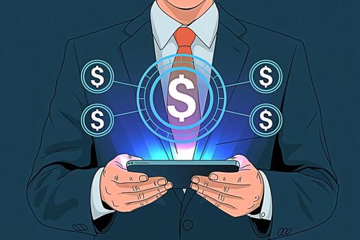 Businessman in a suit interacting with a digital interface on a smartphone displaying dollar signs symbolizing financial technology and the potential for wealth creation through mobile applications an photo