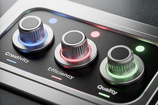 Closeup of control panel dials adjusting creativity efficiency and quality in a modern hightech setting symbolizing optimization control and the pursuit of excellence in business and innovation photo