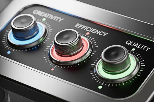 Closeup of control panel dials adjusting creativity efficiency and quality in a modern setting representing business optimization and strategic decisionmaking for achieving success and high performanc photo