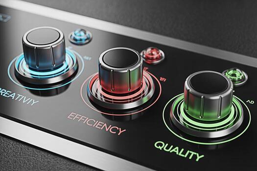 Illuminated control panel displaying creativity efficiency and quality in a modern setting symbolizing optimization and balance for business success and innovative solutions showcasing a futuristic an photo