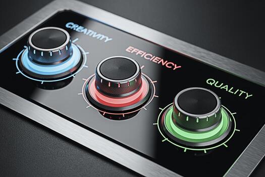 Closeup of a control panel with glowing knobs adjusting creativity efficiency and quality in a dark setting symbolizing control optimization and the pursuit of excellence in business and personal ende photo