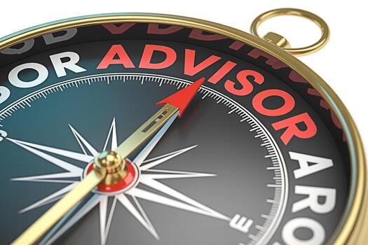 Closeup of a compass pointing towards the word Advisor symbolizing guidance and direction in financial planning investment strategies and professional consulting set against a clean white background e photo