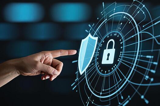 humano mano señalando a un digital proteger y candado en un oscuro azul antecedentes representando datos proteccion y la seguridad cibernética con un futurista y seguro sensación simbolizando confiar y fiabilidad foto