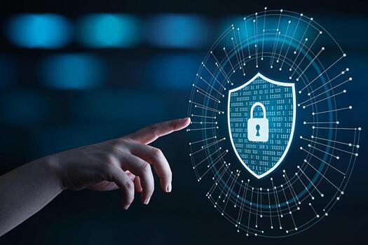 A persons finger touches a digital shield with a padlock on a dark blue background representing cybersecurity data protection and secure access in the modern digital age conveying trust and reliabilit photo