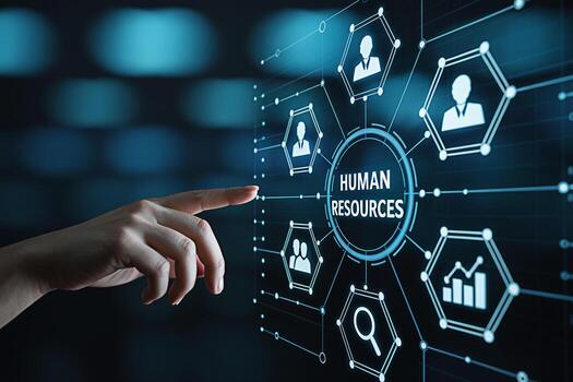 A hand interacts with a digital interface displaying a Human Resources network showcasing employee profiles search functions team collaboration and data analytics symbolizing modern HR management and photo