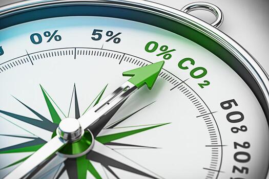 Closeup of a compass pointing to 0 CO2 symbolizing the urgent need for carbon neutrality and a sustainable future in a world striving to reduce emissions and combat climate change with green solutions photo