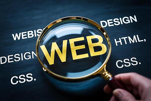 Hand holding a magnifying glass over the word WEB on a dark background with website design terms like HTML and CSS representing a focus on web development and online presence with a modern feel photo
