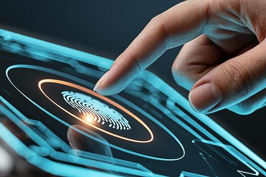 Closeup of a finger touching a digital screen to scan a fingerprint for biometric authentication in a futuristic environment representing security access control and advanced technology photo
