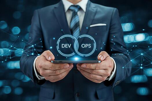 Sophisticated businessman displaying DevOps concept on a mobile phone in a digital environment symbolizing agile development and continuous integration with a focus on efficiency and collaboration for photo