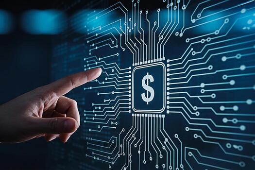 A finger touches a digital circuit board with a dollar sign representing financial technology and the future of money in a modern hightech environment symbolizing innovation and advancement photo