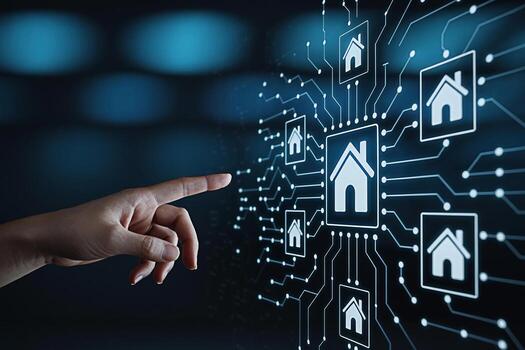 Female hand interacts with a digital interface displaying house icons connected by circuit lines in a dark futuristic setting representing smart home technology and the concept of connected living photo