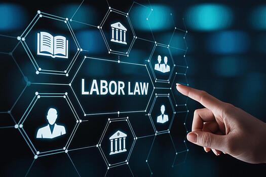 Female hand interacting with a digital interface displaying Labor Law icons in a modern hightech environment symbolizing legal compliance and employee rights with a focus on innovation and technologic photo