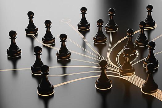 Strategic black chess pawns navigating a complex network on a reflective surface symbolizing leadership connection and the intricate pathways to success in a competitive business environment conveying photo