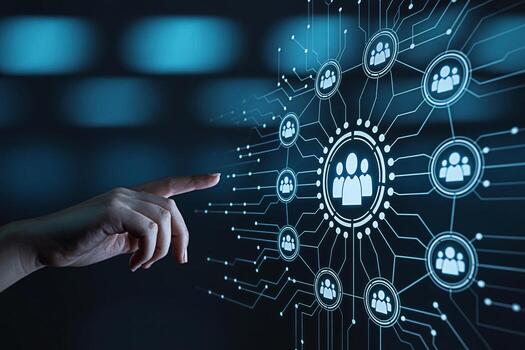 Female hand interacts with a digital interface displaying a network of interconnected people icons symbolizing human resources social connections and digital transformation in a modern futuristic sett photo