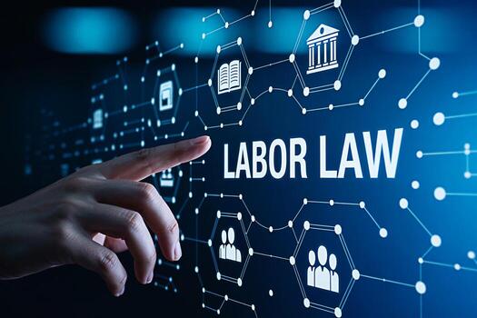 Human hand interacting with a digital interface displaying Labor Law and related icons in a futuristic technologydriven environment representing compliance and legal protection for workers photo