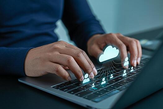 Focused professional using a laptop in a modern office environment connecting to a cloud network for data sharing and collaboration symbolizing efficient teamwork and innovative technology solutions photo