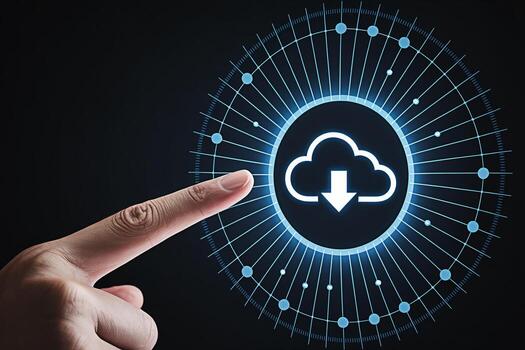 A finger touches a glowing cloud download icon on a futuristic interface symbolizing data transfer and cloud computing in a modern technologically advanced environment conveying efficiency and innovat photo
