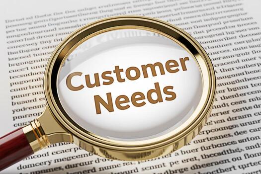 Magnifying glass focusing on Customer Needs text on a document emphasizing the importance of understanding customer requirements in a business context creating a sense of clarity and strategic focus photo