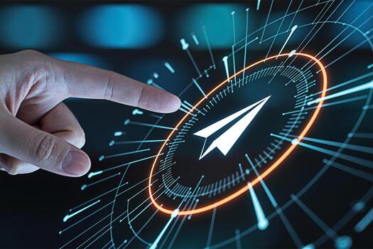 Human finger interacting with a digital interface featuring a paper airplane icon symbolizing sending messages in a futuristic environment conveying a sense of modern communication and technological a photo