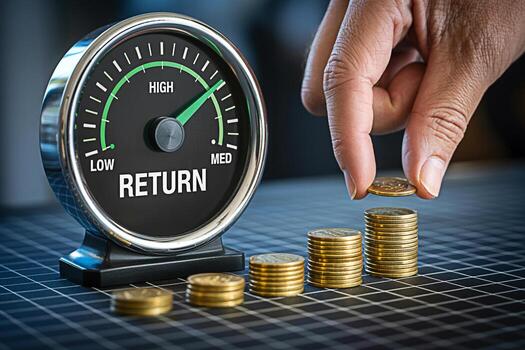 A hand carefully stacking golden coins next to a return gauge on a checkered surface symbolizing financial growth and investment performance with a focus on achieving high returns and wealth accumulat photo
