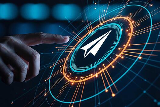 Human finger activating a digital paper airplane icon on a futuristic interface symbolizing innovation sending messages and modern communication in a hightech interconnected world photo