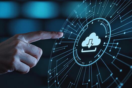 Closeup of a finger touching a digital cloud download icon on a futuristic interface representing modern technology and data transfer with a sleek and innovative feel in a dark blue environment photo